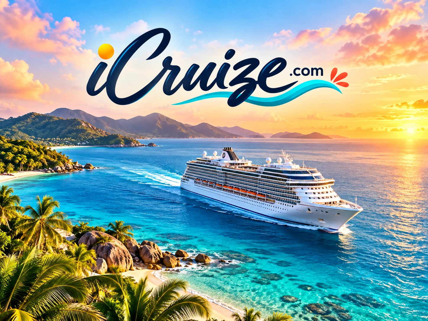 iCruize.com — cruise ship sailing through turquoise tropical waters at sunset